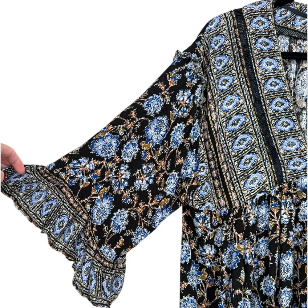 Free People Moonlight Dance‎ Floral Bell Sleeve Boho Tunic Top Blue Size Small